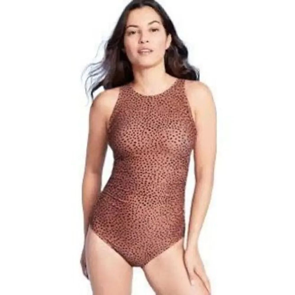 Kona Sol Plus Size 22 High Neck One Piece Swimsuit Brown Black Spots Safari